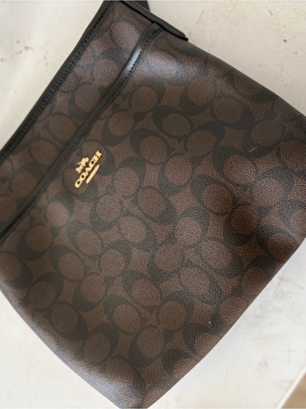Coach File Crossbody Signature Canvas Brown Black Gold Purse